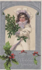 Weihnachten - Mädchen in Lavendel und Weiß gekleidet - hält Tannenzweig - Stechpalme - Bild 1 von 2