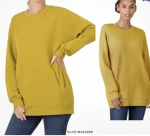 Zenana Sweatshirt Crew Neck Long Line Tunic Oversized Pockets Olive Mustard S - Picture 1 of 3