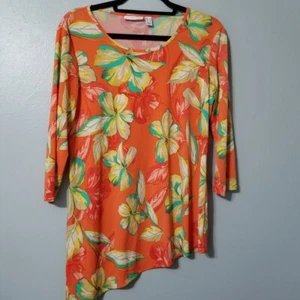 Susan Graver Orange Floral Dopamine Small Asymmetrical Tunic Beachy Blouse Top - Picture 1 of 5