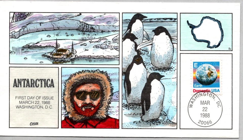#2282 E RATE EARTH STAMP FIRST DAY OF ISSUE PENGUINS COLLINS HAND COLORED FDC - Image 1 of 1