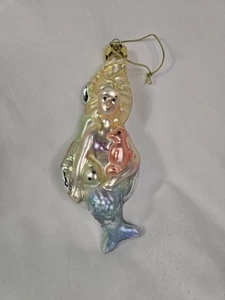 Vintage Mermaid Glass Christmas Tree Ornament Holding Seahorse Glitter Accents - Picture 1 of 8