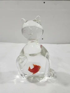 Vintage Murano Glass Cat Sculpture Goldfish in Belly 6" Paperweight Figurine - Picture 1 of 7