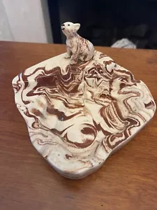 Vintage Alaska Native Ton Keramik Creme Braun Wirbel BÄR Aschenbecher CLAM Gulch - Bild 1 von 8