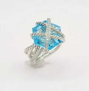 David Yurman Cable Wrap Ring With Blue Topaz And Diamonds - Picture 1 of 10
