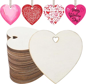 50 Pcs Wood Heart Cutouts 4 Inch Wooden Heart Shaped Unfinished Hanging Ornament - Picture 1 of 7