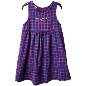 Osh Kosh Flannel Jumper Dress 5 Embroidered Cherry Plaid Purple USA Vintage 90s - Picture 1 of 8