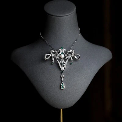 Collar Colgante Broche Bonito Período Estilo Encaje Engastado Cz Verde Rodio - Imagen 1 de 4