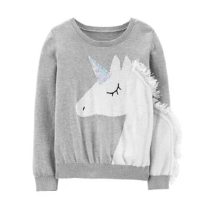 Oshkosh B’Gosh Girls Size 10 Gray Unicorn Sweater White Sequins Fringe - Picture 1 of 7