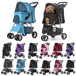 3/4 Wheels Foldable Pet Stroller Puppy Stroller with Storage Basket & Cup Holder - Picture 1 of 31
