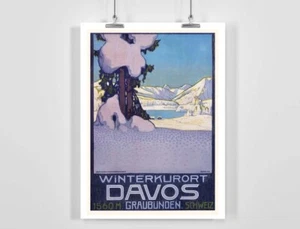 Winter Resort Davos Grisons Switzerland Vintage Ski Poster - Picture 1 of 3