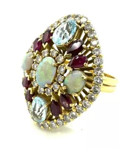 Magnifico Anello Oro - Opali , Acuta Marines, Rubino E Diamanti - 13,52 G - Foto 1 di 7