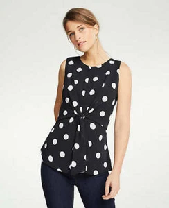 Ann Taylor Polka Dot Tie Waist Shell, Lined, Black, Polyester, Size L, NWT - Bild 1 von 12
