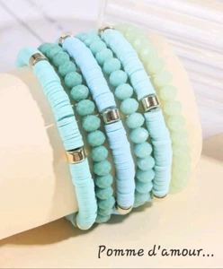 X 7 Bracelets élastiques, perles heishi, turquoise, Neuf - Foto 1 di 1