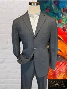 Isaia 42L 34x32 Gray with Blue Stripe Italy Designer 2 Piece Suit Napoli - Picture 1 of 16