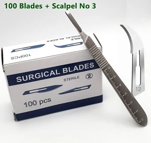 100 Pcs DISPOSABLE STERILE SURGICAL SCALPELS BLADES #12 WITH GRADUATED HANDLE #3 - Picture 1 of 3