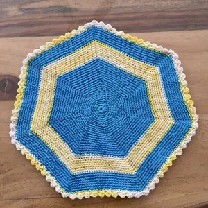 Vintage Doily Yellow & Blue Hand Crocheted 7 sides 10” diameter - Picture 1 of 3