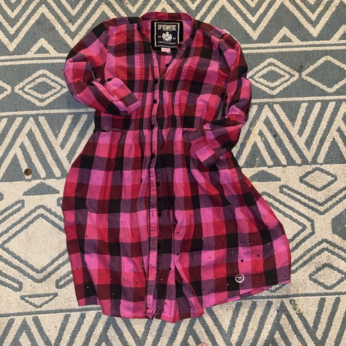 UNDERCOVER Abito vintage VS PINK XS a quadri flanella strass pintuck manica arrotolabile