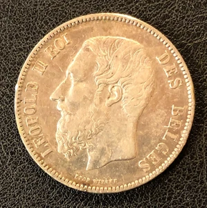 1871 Belgium 5 Five Francs World SILVER Coin King Leopold II - Picture 1 of 2