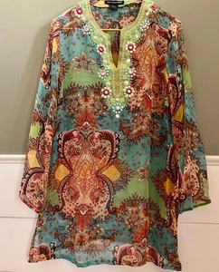 100% Silk Sz Large Sheer Top Hippie Boho Tunic Blouse Resort St. Tropez West - Picture 1 of 10
