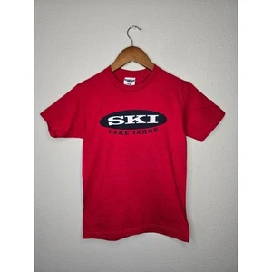 Youth Vintage Ski Shirt Lake Tahoe California Red Skiing Kids Medium Tee - Picture 1 of 7