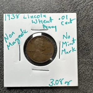 1938 No Mint Mark Wheat Penny. 3.08g. Non Magnetic. Copper. No Mint Mark. - Picture 1 of 4