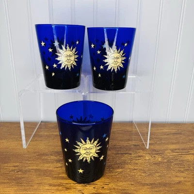3 Vintage Libby CELESTIAL Cobalt Blue Moon Sun & Stars Cooler Tumbler Glass 4.5” - Image 1 of 4