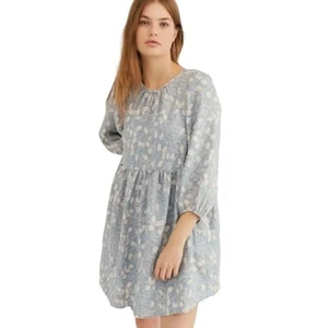 Free People SZ S Paper Hearts Babydoll Mini Dress Blue Floral Linen 1035026 - Picture 1 of 11