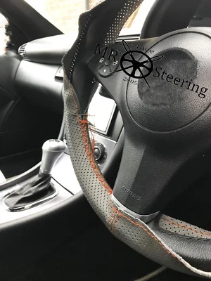 FOR PEUGEOT 308 GREY PERFORATED LEATHER STEERING WHEEL COVER 07+ORANGE DOUBLE ST - Image 1 of 4