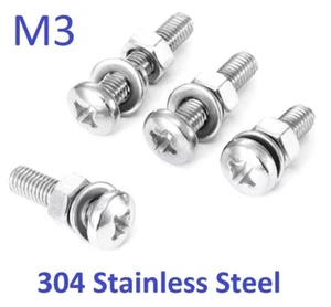 4 pc Set M3 Silver Screws Nut Bolt Washer Phillips Cross Recessed Pan Head T70 - Picture 1 of 6