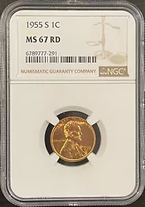 1955-S Lincoln Wheat Cent MS67RD Slabbed & Graded by NGC + Free Shipping - Picture 1 of 2