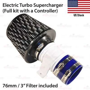 12V BLACK Cone Filter Electric Turbine Power Turbocharger Kit Air Intake Fan - Picture 1 of 8