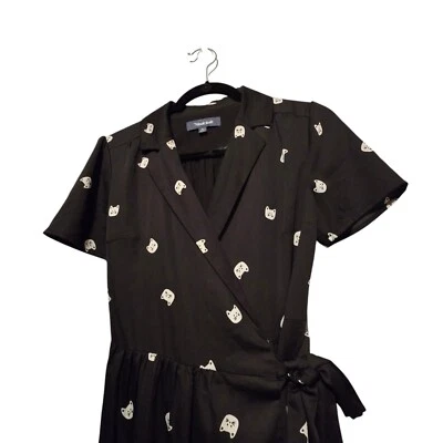 Modcloth Womens Black Wrap Dress SM Cat Print Goth Y2K Retro 90s Kitty Kidcore  - Image 1 of 4