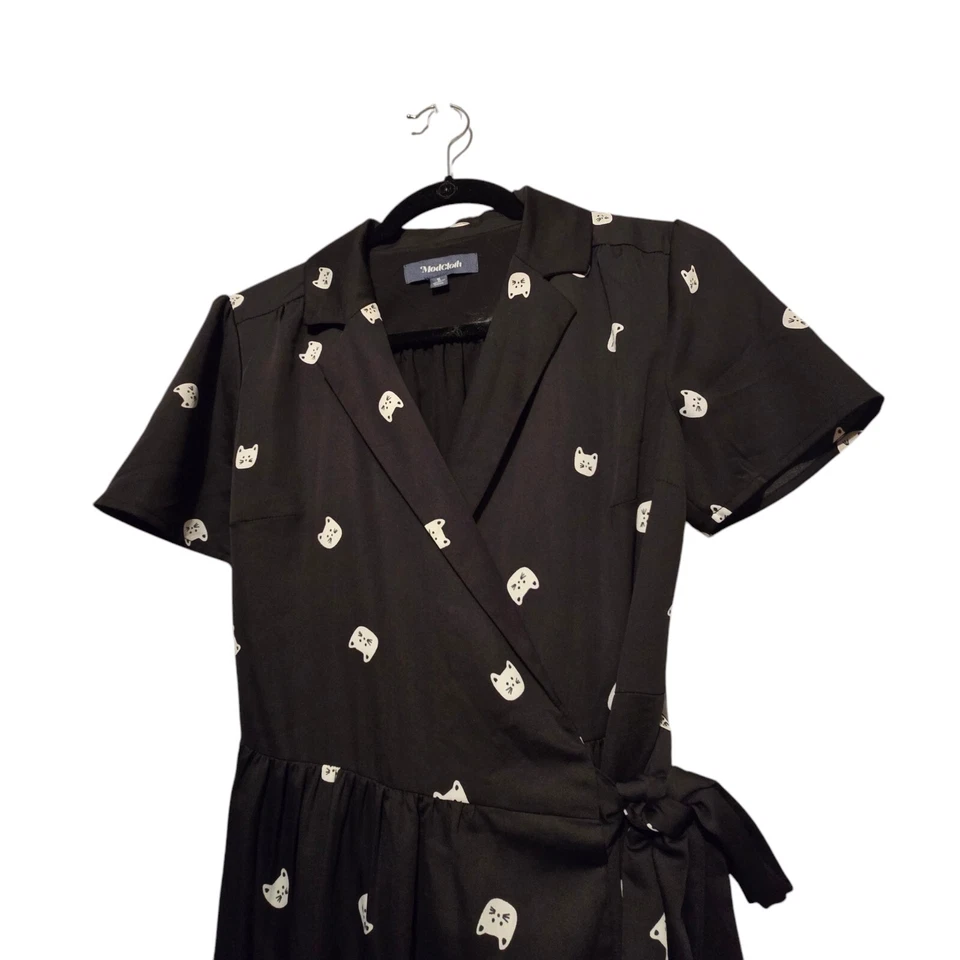 Modcloth Womens Black Wrap Dress SM Cat Print Goth Y2K Retro 90s Kitty Kidcore  - Image 1 of 4