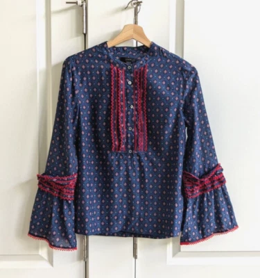 Blusa J Crew Mujer 4 Azul Rojo Borde Popover Top Folk Cottage Algodón Seda Camisa Foto 1 de 4