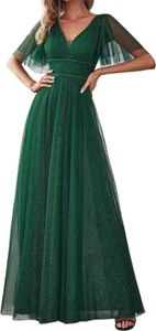 Ever-Pretty Women V Neck Short Sleeve A-Line Empire Waist Elegant Glitter UK- 12 - Picture 1 of 6