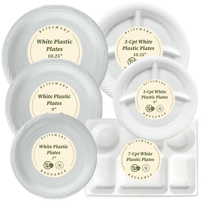 100 White Plastic Plates Disposable 7" 9" 10" 3 Comp Plates Heavy Duty Reusable - Image 1 of 4
