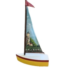 Wooden Decor Sailing Boat Hand painted Cloth Rigging Nautical Lighthouse 9” - Picture 1 of 3