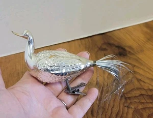 Vintage Silver Glass Peacock Bird Christmas Tree Ornament 8" - Picture 1 of 6