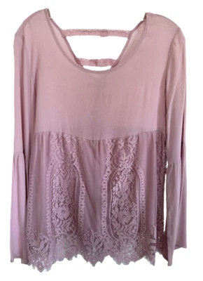 Jolt Women's Blouse Lace Bottom Long Sleeve Rayon Top Size S Pink - Image 1 of 4