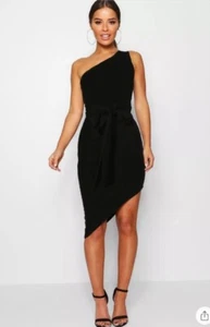 boohoo one shoulder dress UK 10-12 womens black belted petite evening party  - Picture 1 of 3