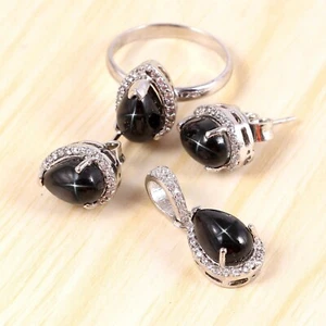Black Star Ring Earrings Pendant Jewelry Set-Art Deco Cluster Jewelry-Wife gift - Picture 1 of 2