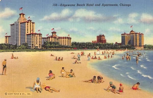 Edgewater Beach Hotel and Apartments Chicago Illinois postcard beach us flags - Picture 1 of 2