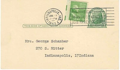 US  Prexie Sc# 804 on Sc # UX 27 Jefferson card intercity with slogan cancel - Image 1 of 2