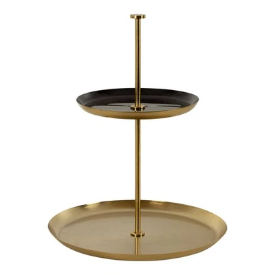 Laranya Modern Two Tier Tray; 12 x 12 x 15; Black and Gold; Decorative Round ... - Image 1 of 4