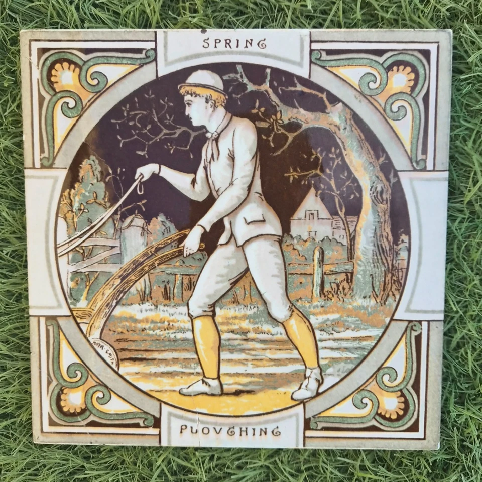 Antigua obra de arte de azulejos Minton ingleses de 1880 cuatro estaciones de John Moyr Smith 6 pulgadas Foto 1 de 4