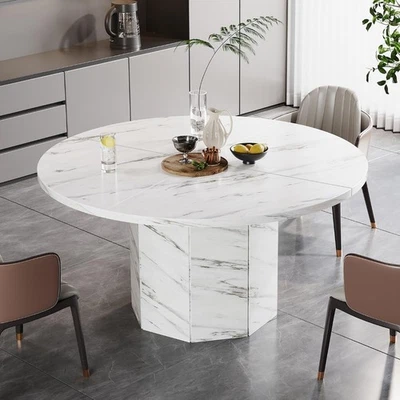 Round Dining Table for 4-6 People, White Faux Marble Dinner Table Boxed - Image 1 of 4