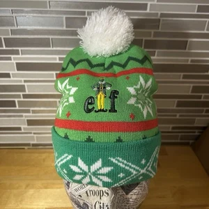 Elf Embroidered Green Festive Christmas Snowflake Pattern Pom Pom Beanie Cap - Picture 1 of 7