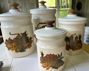 Vintage Set Of 4 Mid Century Decorative metal Canister Set Fruits, vegetables - Picture 1 of 3