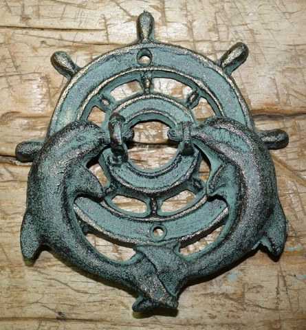 Cast Iron Antique Style Nautical SHIPSWHEEL DOLPHIN Door Knocker Green Finish Cover