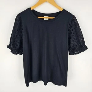 Joie Top Womens Size L Black Cotton Eyelet Puff Sleeve Crew Neck Casual Tee - Picture 1 of 7